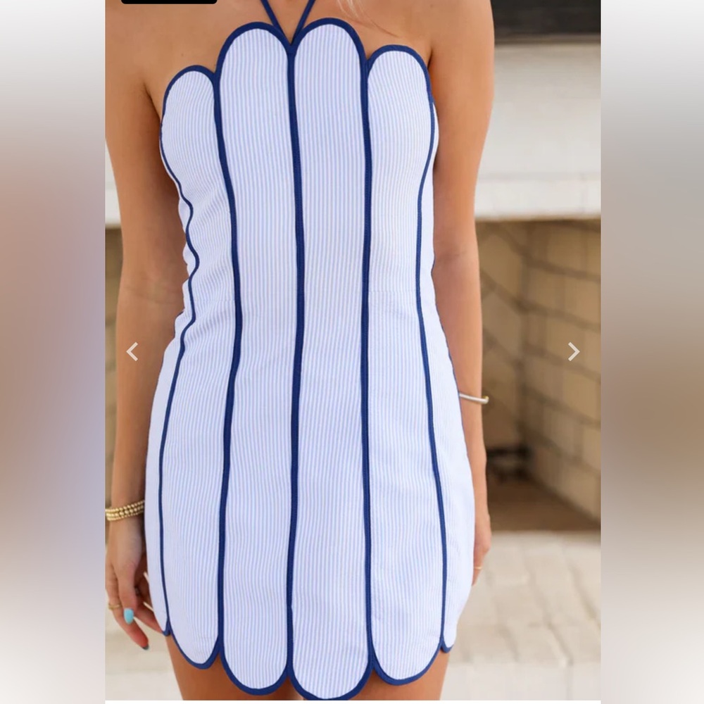 Striped Scallop Neck Mini Dress in White and Blue